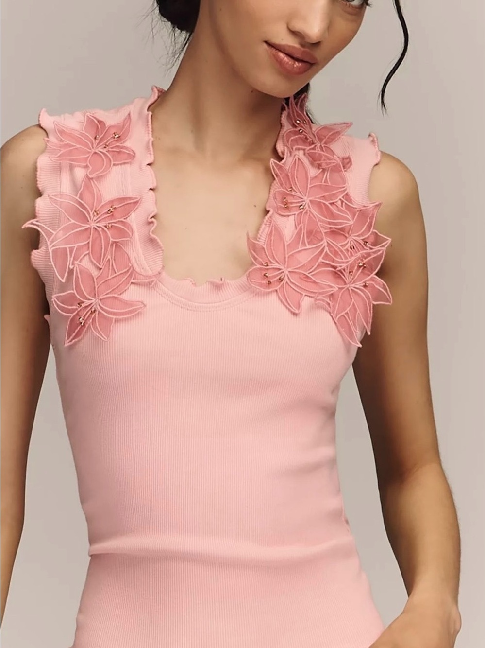 Anthropologie Nectar Light Pink Flower Floral Appliqué Sleeveless Knit Tank Top